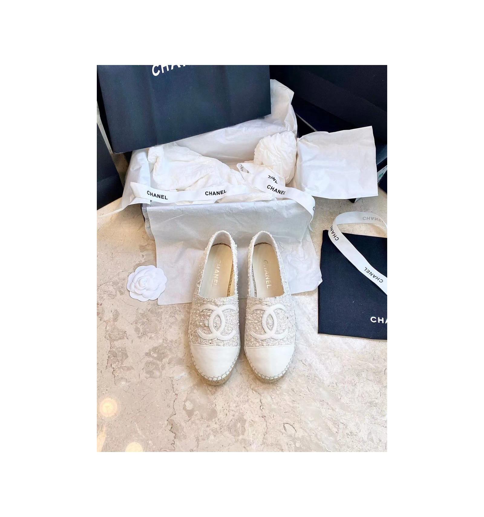 Chanel Espadrilles Glazed Crinkled White Leather 37