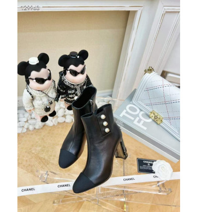 Black Nappa Leather Mid-Calf Boots with Pearls