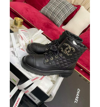 Black Quilted Leather CC Cap Toe Chain Link Logo Combat Boots