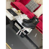 Black Quilted Leather CC Cap Toe Chain Link Logo Combat Boots