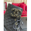Black Quilted Leather CC Cap Toe Chain Link Logo Combat Boots